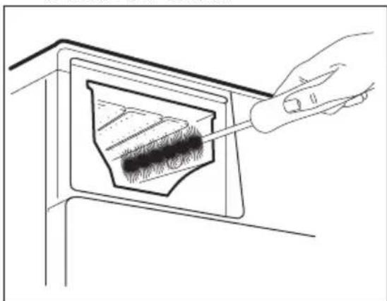 Line drawing of a hand using a tool to insert or mark a textured object inside a rectangular frame (no text or symbols)