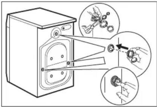 Diagram illustrating washing machine operation with close-ups of tool positioning and cleaning steps