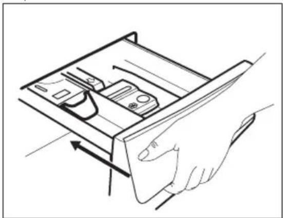 Line drawing of a hand inserting a device into a drawer (no text or symbols)