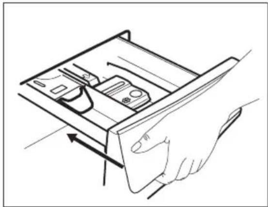 Line drawing of a hand inserting a device into a drawer (no text or symbols)