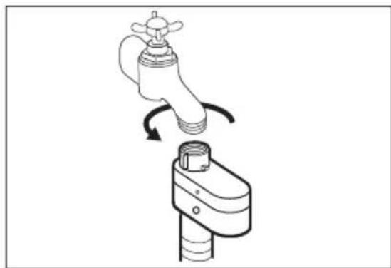 Diagram of a faucet being adjusted to a valve, showing mechanical components and fluid flow direction (no text or symbols)