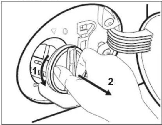 Diagram showing hand operating a mechanical component with labeled parts 1 and 2, indicating tool direction or assembly.
