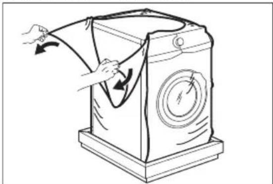 Line drawing of a washing machine with hands installing or adjusting the fabric (no text or symbols)