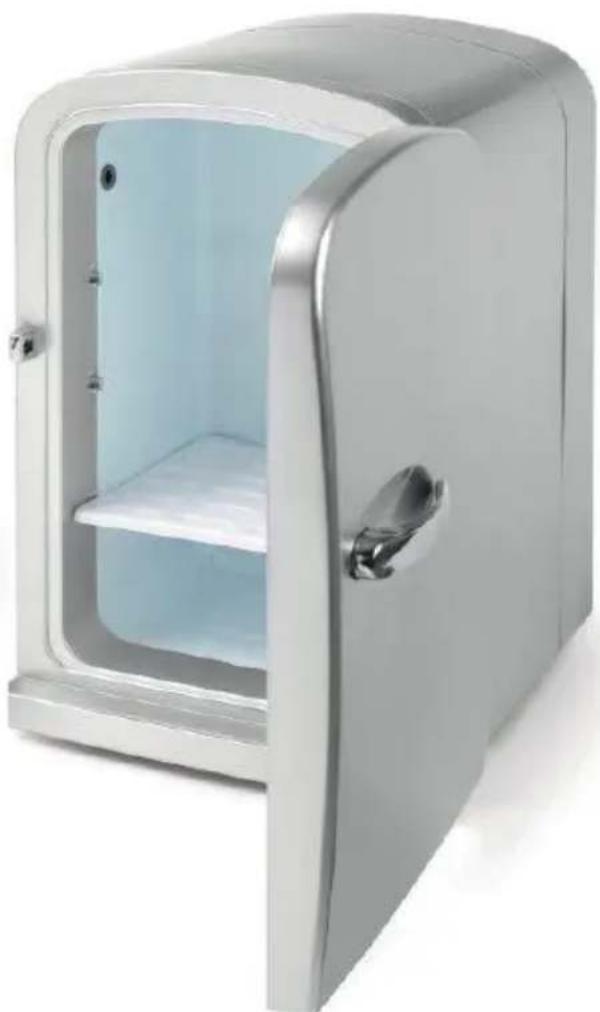 Exterior view of a silver baby refrigerator with open lid and front panel (no text or symbols visible)