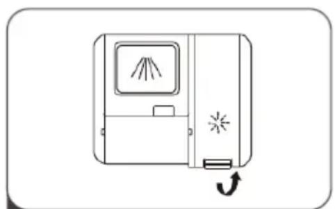 Simple line drawing of a device with a screen and door, showing a lightning bolt and directional arrow (no text or symbols)