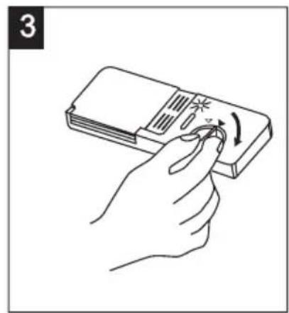 Line drawing of a hand inserting a device into a rectangular box with an arrow indicating rotation (no text or symbols)