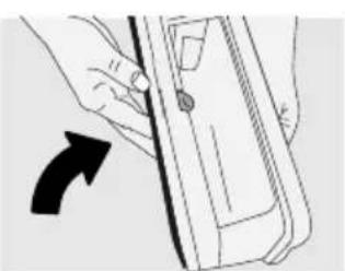 Illustration of a hand holding a device with an arrow indicating rotation (no text or symbols)
