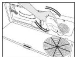 Diagram of a hand pressing down on a device with a circular fan and arrow, no text or symbols present