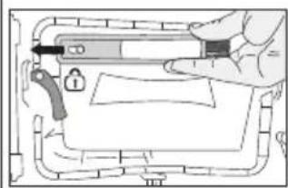 Diagram showing a hand holding a tool over a device with a lock icon, likely illustrating a manual or mechanical operation.