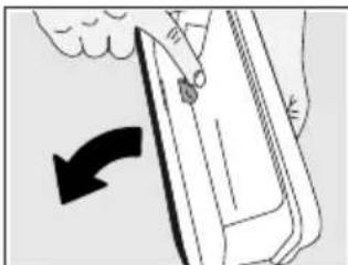 Illustration of a hand holding a rectangular object with a curved arrow indicating rotation (no text or symbols)
