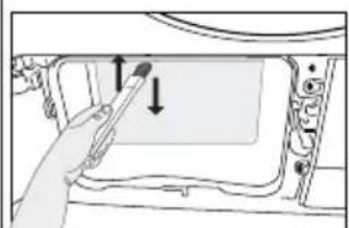 Diagram of a car interior showing a hand holding a tool near the window, with arrows indicating direction (no text or symbols present)
