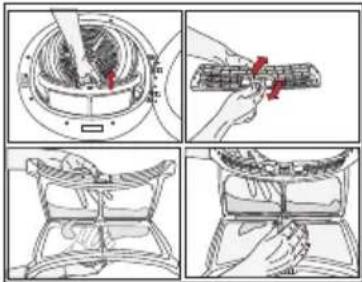 Technical diagram showing four steps of a mechanical assembly or cleaning procedure, with labeled components and directional arrows.