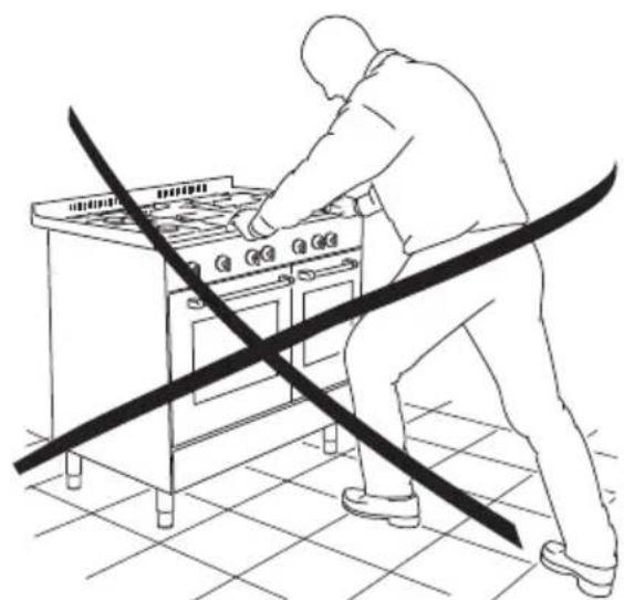 Line drawing of a person using a power tool to cut the stove pan, with diagonal lines indicating resistance (no text or symbols)