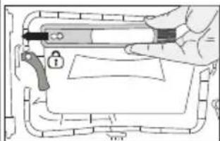 Diagram showing a hand holding a device with a lock and warning symbol, likely illustrating a safety or hazard detection mechanism.