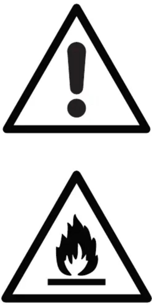 Warning symbols: triangular warning triangle with exclamation mark and flame symbol