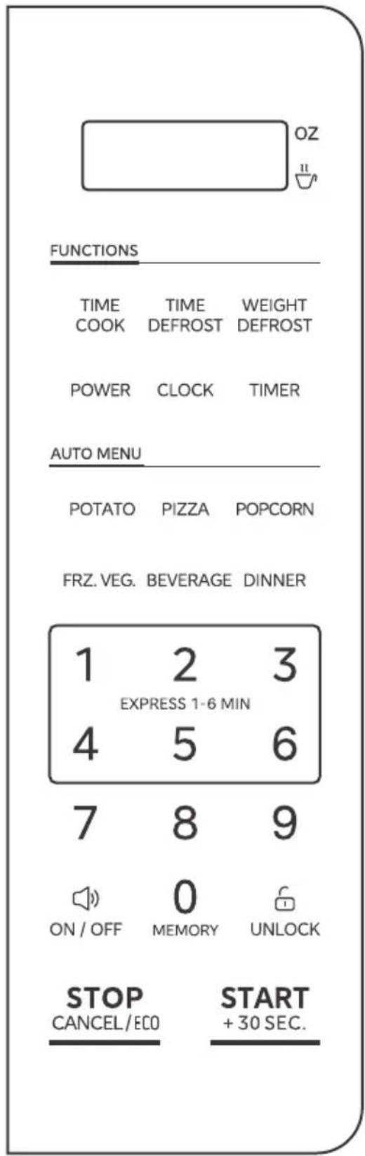 OZ FUNCTIONS TIME TIME WEIGHT COOK DEFROST DEFROST POWER CLOCK TIMER AUTO MENU POTATO PIZZA POPCORN FRZ. VEG. BEVERAGE DINNER 1 2 3 EXPRESS 1-6 MIN 4 5 6 7 8 9 ON / OFF 0 MEMORY UNLOCK STOP START CANCEL/ECO +30 SEC.