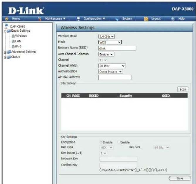 D-Link® DAP-X3060 Homo Maintenance Configuration Systems Logout Help DAP-X3060 Basic Settings Wireless LAN IPv6 Advanced Settings Status Wireless Settings Wireless Band 2.4 GHz Mode WD5 Network Name (SSID) dink Auto Channel Selection Enable Channel 11 Channel Width 20 MHz Authentication Open System…