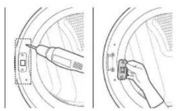 Technical illustration showing a tool interacting with a component inside a vehicle (no text or symbols present)