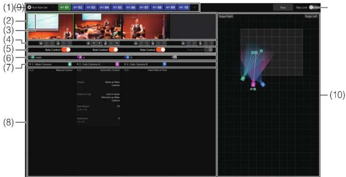 (1)(9) (2) (3) (4) (5) (6) (7) Role Control Role Control Role Control Role Control #1: Main Camera #2: Sub-Camera A #3: Sub-Camera B Role Manual Control Role Automatic Control Role Fixed Field of View Subject Same as Main Camera Linked to Size Link in Same Direction as Main Camera Side Manager -10 (…