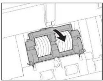 Technical diagram of a mechanical component with internal channels and directional arrow (no text or labels)