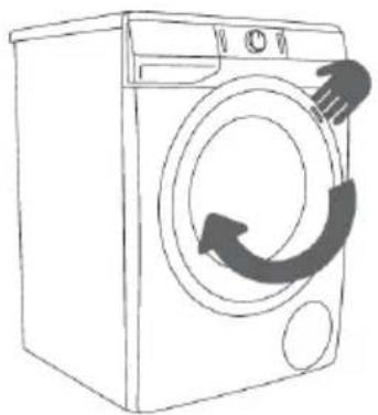 Line drawing of a washing machine with hand gestures indicating clockwise motion (no text or symbols)