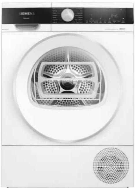 Front view of a Siemens washing machine with a circular vent and ventilation grille (no visible text or symbols)