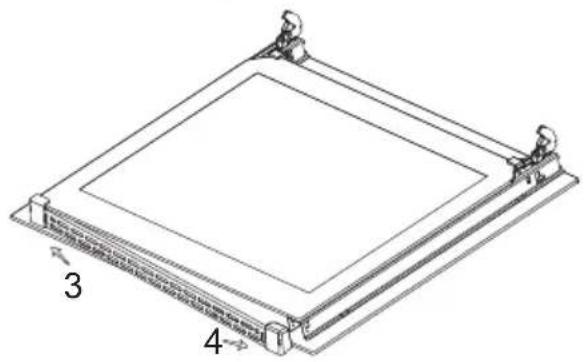 Technical line drawing of a rectangular frame with four corner supports and labeled dimensions (no text or symbols beyond labels)