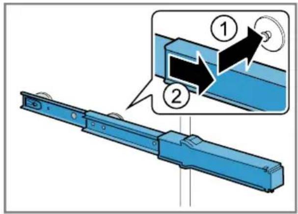 Diagram showing a blue mechanical component with two labeled parts (① and ②) and an arrow indicating direction of movement or assembly.