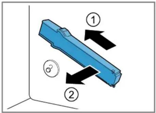 Diagram showing a blue mechanical component with numbered arrows indicating directional movement or assembly, labeled ① and ②.
