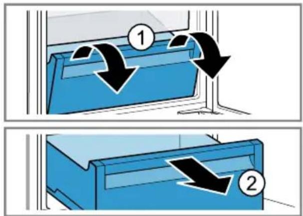 Diagram illustrating two steps of a blue plastic container with arrows indicating flow direction, labeled 1 and 2.