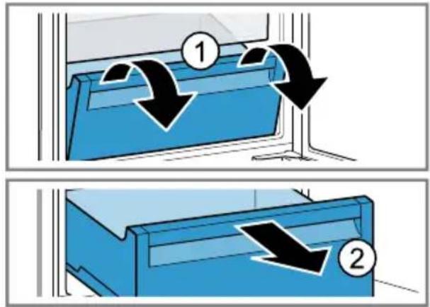 Diagram illustrating two steps of a blue storage or cleaning device with directional arrows and numbered callouts.