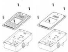 Quatre dessins techniques au trait d'un boîtier ou d'une enceinte mécanique avec des trous de montage (sans texte ni symboles)