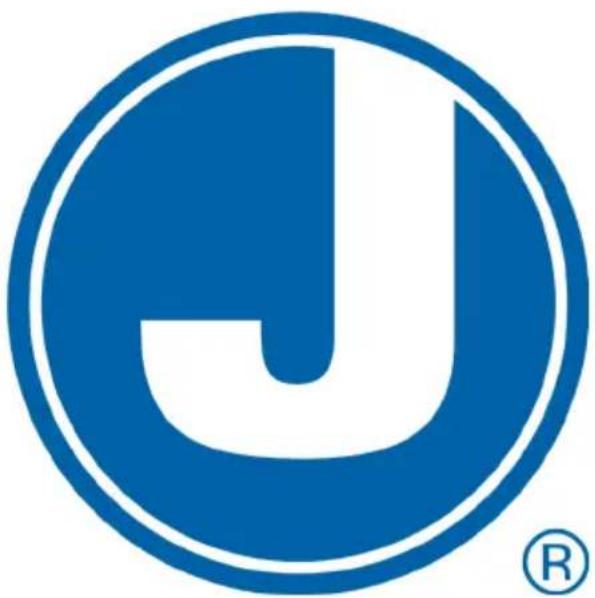 Blue circular logo with a stylized 'J' and registered trademark symbol (no text or numbers)