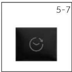 Simple black square with a white circular icon containing a smiley face and curved arrow, labeled '5-7' in the top right corner (no other text or symbols)