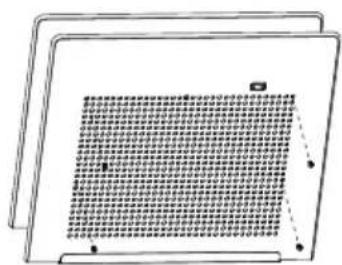 Illustration of a tablet device with grid pattern and control buttons (no text or symbols)