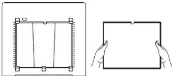 Two technical line drawings: a front view of a rectangular frame with side connectors and a hand holding a blank rectangular frame (no text or symbols)