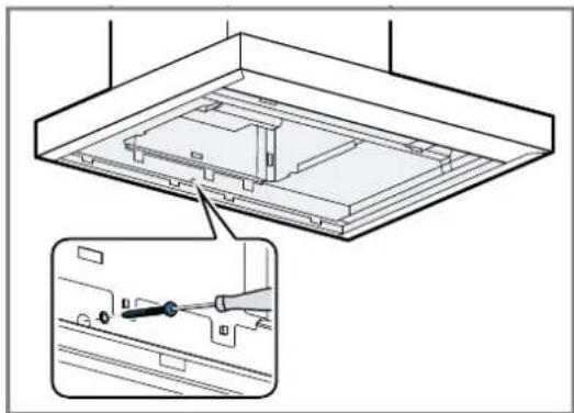 Technical diagram of a ceiling-mounted device with internal components and a close-up view of a switch (no text or symbols)