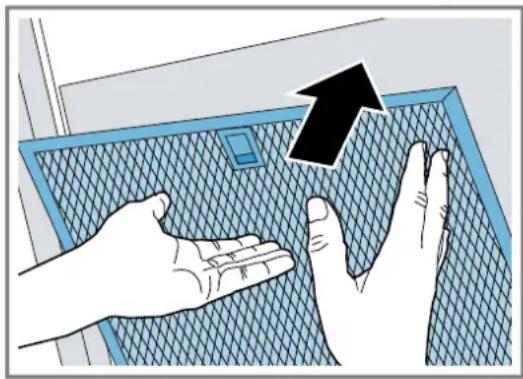 Illustration of hands interacting with a mesh panel, showing a black arrow pointing upward (no text or symbols)