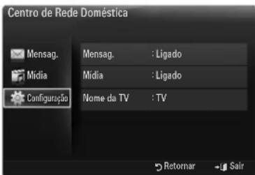 Centro de Rede Doméstica Mensag. Media Configuração Mensag. : Ligado Midia : Ligado Nome da TV : TV 5 Retomar → Sair