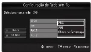 Configuração de Rede sem filo Selecionar uma rede 3/9 Start PBC Begin PIN AP_1 Chave de Segurança AP_2 Bases Ad-hos Mover Entrar Retorner