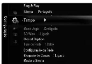 Plug & Play Idiom: Português Tempo Modo Jago : Desligado BD Wise : Ligado Closed Caption Tipo de Rede : Cabo Configuração da Rede Bloqueiro de Canais : Ligado Mudar a Senha