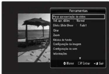 Ferramentas Parat apresentação de sítulos Vol. aer. slides : Normal Efeto Slide Show : Fude1 Qiner Zoom Muesa do fundo Configuração da imagem Configuração do som Informações Nover Entrar Soir