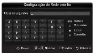 Configuraçao de Rade sem fio Chave de Seguranga A B C D E F G H I J K L M N O\P C R S T U V W X Y Z Mover Número Entrar Retomar