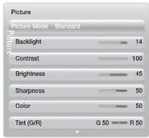 Picture Picture Mode Standard Backlight 14 Contrast 100 Brightness 45 Sharpness 50 Color 50 Tint (G/R) G 50 R 50