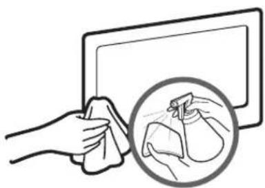 Illustration of a hand cleaning a tablet with a magnified inset showing a bag being cleaned (no text or symbols)