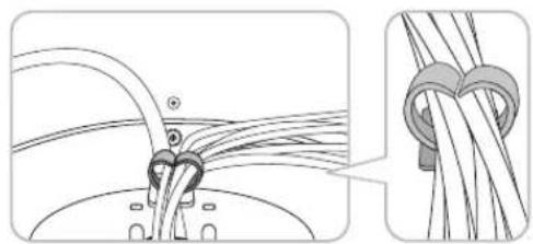 Diagram showing cable installation steps: wire being inserted into a socket and then tied with a rope knot (no text or symbols present)