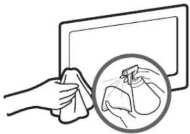 Illustration of a hand cleaning a tablet with a magnified inset showing a bag being cleaned (no text or symbols)