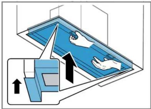 Diagram illustrating a procedure on a blue panel with hand placement and directional arrows indicating movement or force.