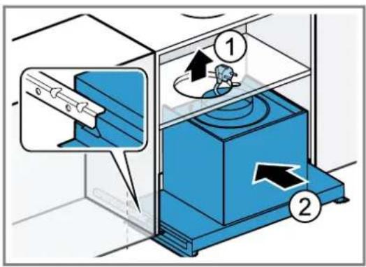 Diagram illustrating a mouse inside a blue laboratory apparatus with labeled parts and directional arrows indicating motion or movement.