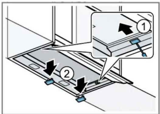Diagram showing two mechanical assembly steps with labeled arrows and numbered components